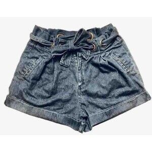 By Together Women’s Tie Front Denim Shorts Blue High Rise Girly Blue Size Large